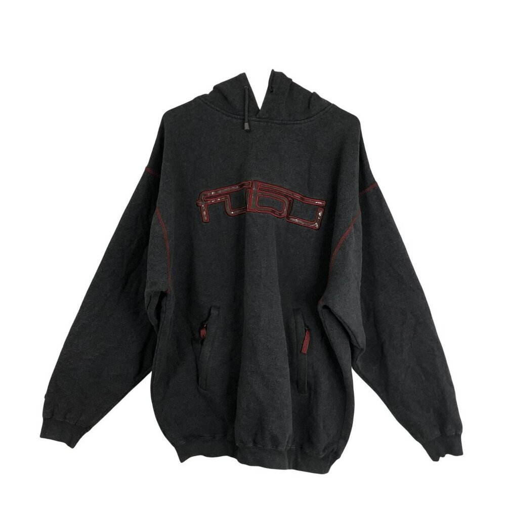 Fubu Charcoal Gray Hoodie Sweatshirt Red Accents Drawstring Hood Mens Size L